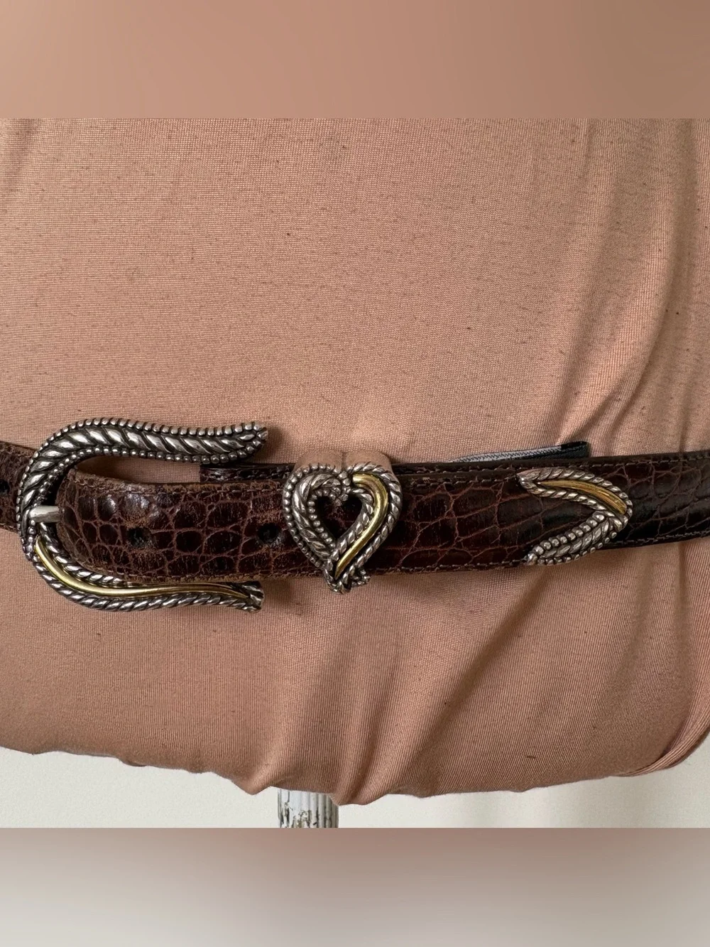 Brighton Vintage Croc Embossed Brown Leather Heart Two Tone Western Belt Sz L/34